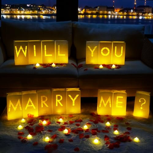 Homemory Will You Marry Me Leuchtbuchstaben Antragsdekorationen mit flammenlosen Kerzen und künstlichen Rosenblättern, Valentinstag-Leuchttüten, Dekorationen für Hochzeit, Verlobung
