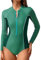 CUPSHE Women's Rash Guard One Piece Swimsuit High Neck Long Sleeve Zip Fixed Cups Color Block Swimwear Swimming Costume Emerald Green M