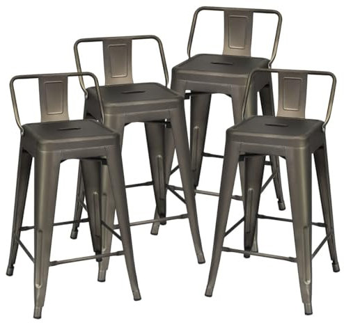 COSTWAY 4er Set Barhocker, Barstuhl Vintage stapelbar, Sitzhöhe 62cm, Tresenhocker mit abnehmarer Rückenlehne & Fußpolstern, Bistrostuhl küchenhocker aus Metall bis 150kg belastbar (Bronze)