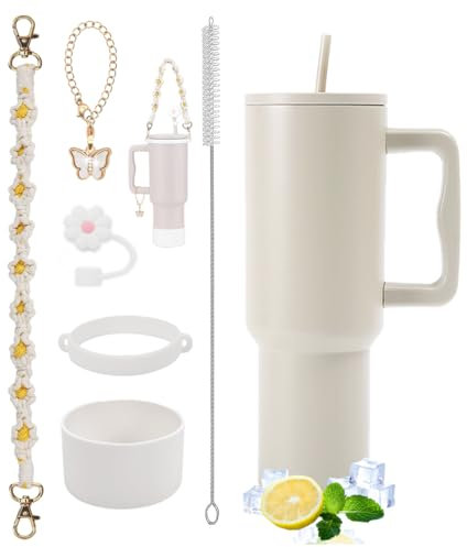 Sanilinwild 40 oz Tumbler with Handle and Straw & 6PCS Cup Accessories-BPA-Free Travel Mug Water Bottle-Easy to Carry-Travel Coffee Mug - Dishwasher Safe-Holiday Gifts for Women Men (Cream)