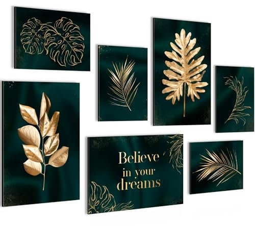 Novart Bilder Goldene Blätter - KOMPLETT AUFHÄNGFERTIG - Grün Gold Wohnzimmer Schlafzimmer Flur - 7 Moderne Mood-Bilder - N034472a