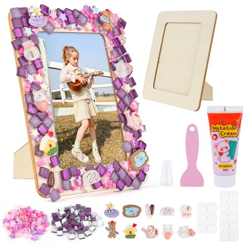 Xishoyen Mosaik Bilderrahmen Bastelset Kinder, Basteln Mädchen 5 6 7 8 9 10 Jahre, DIY Mosaik Bastelset Kinder, Holzbilderrahmen Bastelset, Mosaik Bilderrahmen für Junge Mädchen Geschenke (Lila)