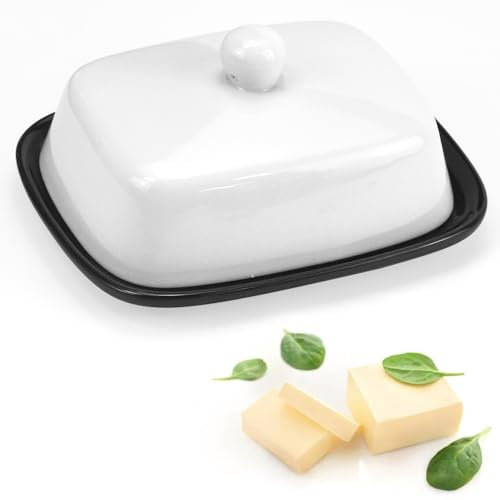 EUIEUT Black and White Butter Dish with Lid, Small Ceramic Covered Butter Contaniner for Countertop, Butter Holder Tray, Porcelain Butter Storage Holder for Kitchen Refrigerator(16.5 * 13.3 * 8cm)