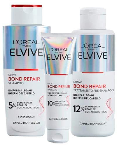 L'Oréal Paris Elvital Bond Repair Set für beschädigtes Haar, Shampoo ohne Sulfate, 200 ml + Aufbauspülung 150 ml + Pre-Shampoo mit Zitronensäure, 200 ml, 3 Stück