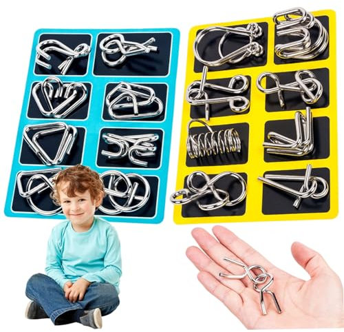 2 Sets Metal Puzzle, 16Pcs Wire Lock Puzzle Alloy Brain Teaser Puzzles Link Unlock Interlock Game Chinese Ring Trick Toy for Party Favor Kids Adults, Yellow + Blue
