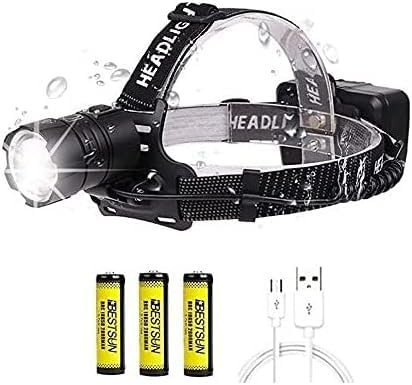 BESTSUN 500000 Lumens LED Head Torch Rechargeable, High Power Head Torches Super Bright, Powerful USB Headlamp with 3 Modes, Waterproof Zoomable Headlight with Batteries for Camping Emergency