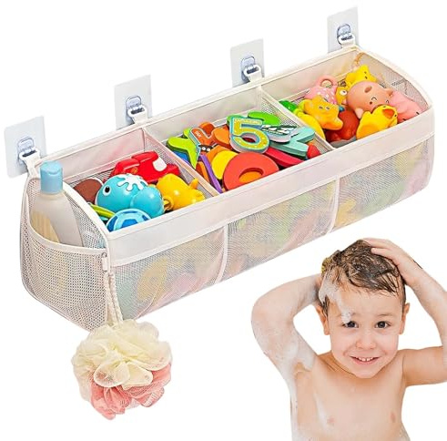 Colexy Badewannenspielzeug Aufbewahrungstasche,Badezimmer Spielzeug Boxen mit 3 Fächern, Badespielzeug-Netz,Badewannenspielzeug Hängeorganizer Tasche, mit 4 Haken, für Badespielzeug Organize