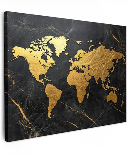 MuchoWow© Bilder 70x50 cm Wohnzimmer Deko Modern Wandbild Kunstdruck auf Leinwand Bild Schlafzimmer über Bett Room Decor Geschenke Weltkarte - Gold - Marmor