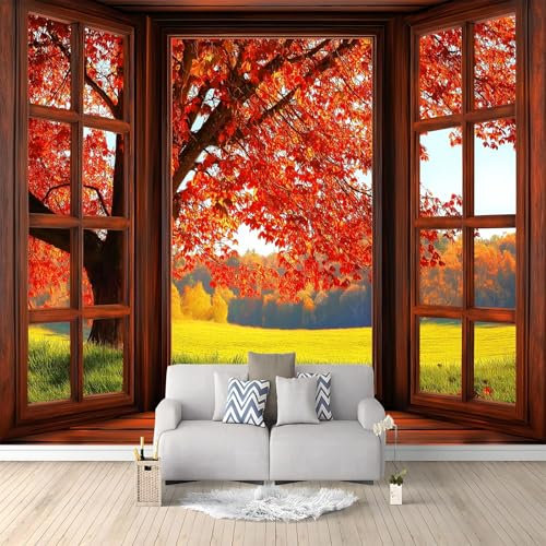 Fototapete 200 x 140 cm (B x H) 3D-Fensterblick Herbstlaub grüne Wiese Panorama Wandtapete Dekoration, UV-Beständig Moderne Vlies Wanddekoration für Wohnzimmer Schlafzimmer, Rot