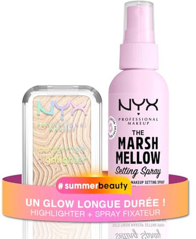 Duo Essentiel Glow Fixé – NYX Professional Makeup – Highlighter Buttermelt Bright and Butta + Spray Fixateur Marshmellow - Teint Mat & Lumineux