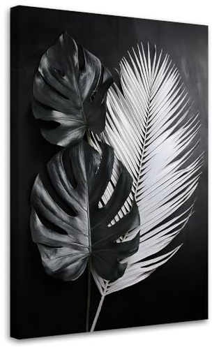 Feeby Leinwand Bilder - Bild Wohnzimmer - Schwarz-weiße Monstera-Blätter - 40x60 1tlg - Deko Schlafzimmer Groß - Dekoration Canvas - Gemälde - Modern Wandbilder - Kunstdruck