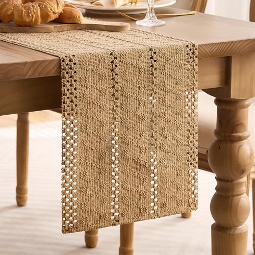 Braun Tischläufer Boho Deko Natur Dekor Table Runner Landhausstil Tischläufer Polyester Baumwolle Bauernhaus Vintage Tischdecke für Anrichte, Geburtstag, Küchentisch Dekoration Home Decor 30 x 140 cm