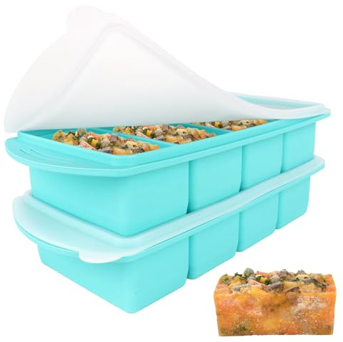 Lotvic 2 Pack Soup Cube Silicone Freezer Tray, 1000ML Soup Freezer Containers with Lid, 4-Compartment, Makes 8 1-Cup Portions Cubes, Soup Cube Freezer Tray for Meal Prep, Soup, Sauce (Blue)