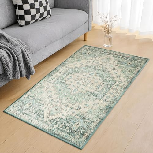 Aspire Homeware Washable Bedside Area Rugs for Bedroom Small Sage Green Rug 60x110 cm Low Pile Non Slip Rugs Living Room, Soft Entryway Floor Carpet Vintage Design Mat for Kitchen Bathroom, Ember
