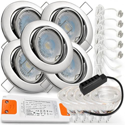 LED Einbaustrahler Set 12V schwenkbar – 5er Set mit je 120 cm Kabel & AMP-Stecksystem – 3W MR16 Spot inkl. Trafo, IP20, 250 Lumen, 55 mm Einbautiefe – LED Deckenstrahler für Wohnbereiche, Küche & Flur