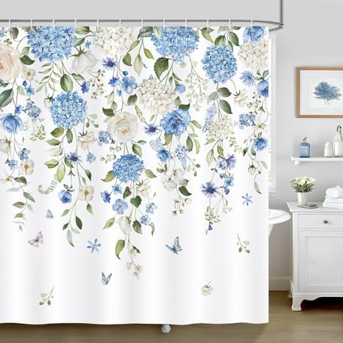 Bonhause Floral Shower Curtain, Hydrangea Flower Blue Farmhouse Bathroom Curtain 180 x 180 cm Waterproof Mildew and Mould Resistant Polyester Fabric Bath Curtain with 12 Hooks