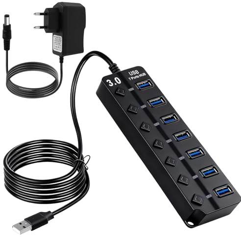 Hub USB 3.0 de 7 Puertos con Interruptores Independientes, Concentrador USB Alimentado con LED Indicador, concentrador USB 3.0 para PC, portátil, Mac, Windows, Linux, Cable de 1,2 m
