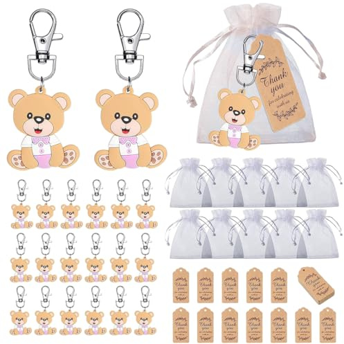 PYEUIFT Schlüsselanhänger Bär, 20 Stück Pink, Organzasäckchen, Dankeschön-Karten, Gastgeschenke Taufe, Babyparty Geschenke, Für Babyparty Mädchen Geschlechtsenthüllung Geburtstagsfeier