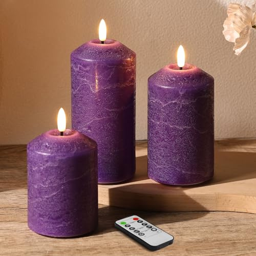 Girimax Purple Flameless Pillar Candles with Remote, Real Wax Christmas LED Candles Battery Powered Flickering Set of 3