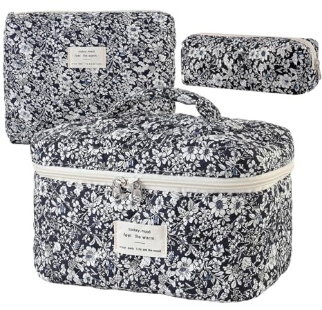 Lot De 3 Trousses De Maquillage Matelassées en Coton, Trousse De Maquillage Esthétique Rose Noire, Trousse De Maquillages Florale, Trousses De Toilette De Voyage pour Femmes Et Filles