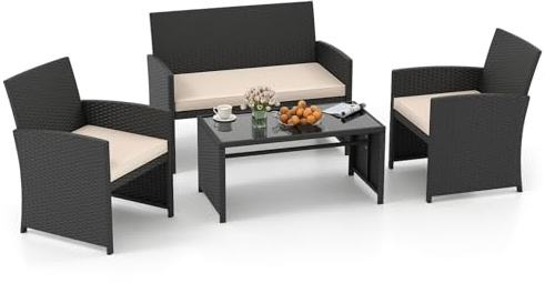 SOARS Salon de Jardin Exterieur en Rotin PE, Canape Exterieur avec 2 Fauteuils à Coussins, Table Basse Verre, 4 Personnes, pour Patio, Balcon, Cour, Charge 360KG+180KG+45KG (Noir+Blanc)