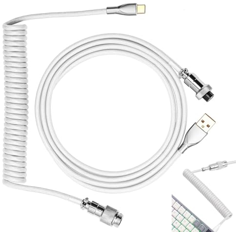 KOOLEVER Type C Coiled Cable 3M, Type-C To USB A, Coiled Keyboard Cable | with Detachable Aviator Connector, Oxygen Free Copper, Keyboard Cable for Mechanical PC Laptop Gaming Keyboard (White)