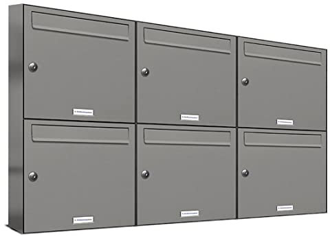 AL Briefkastensysteme 6er Briefkastenanlage Aluminiumgrau RAL 9007, Premium Briefkasten DIN A4, 6 Fach Postkasten modern Aufputz