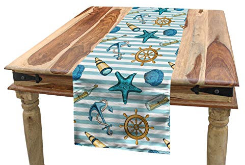 ABAKUHAUS Nautisch Tischläufer, Ankerrad Seestern, Esszimmer Küche Rechteckiger Dekorativer Tischläufer, 40 x 180 cm, Aprikose Blau