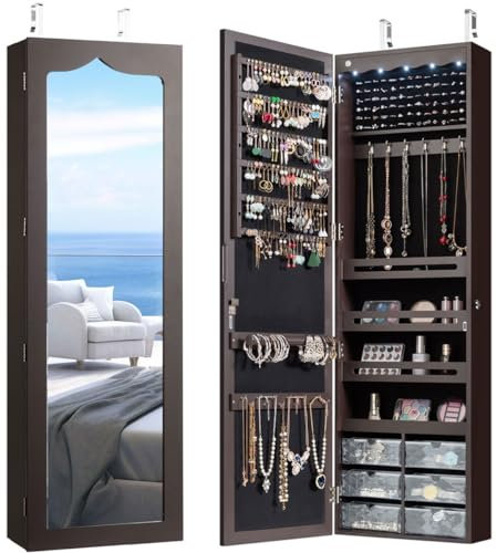 CHARMAID 5 LEDs Jewelry Armoire Wall Mounted/Door Hanging Mirror, Lockable Jewelry Cabinet with Full Length Mirror and 6 Drawers, Large Capacity Jewelry Organizer Storage Box for Women Girls (Brown)