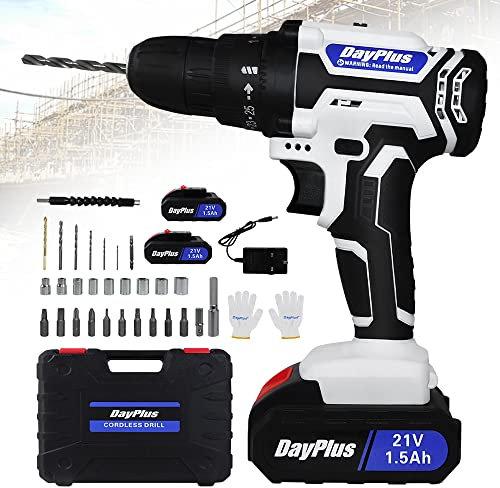 21V Cordless Drill Driver Set Combi Electric Screwdriver Kit, 2-Speed, 3/8'' Keyless Clutch, 25+1 Torque Setting, 45Nm Torque, 2 Batteries, 1 Charger, 29 pcs Drill/Driver Bits and Storage Case
