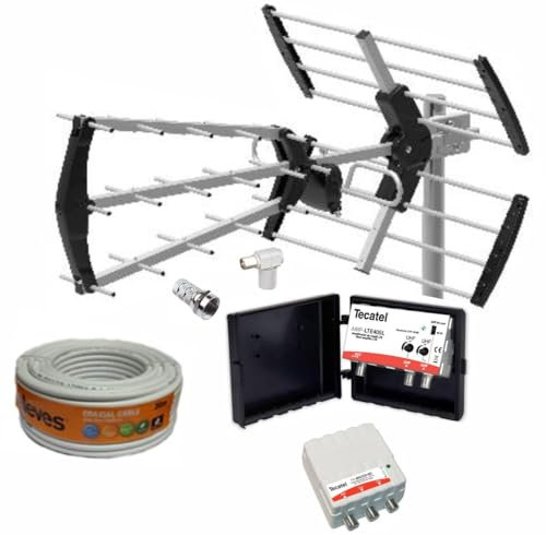 Kit Antena TV T E C A T E L + Amplificador 40 dB + Fuente Alimentación 2 Salidas + Conexiones + 20m Cable