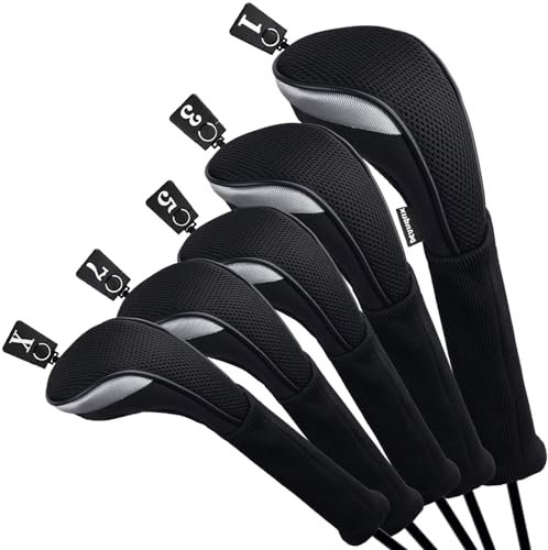 Andux Golf Fairway Wood Club Head Covers 460cc Driver Extra Long Neck 5pcs/Set Black/Black