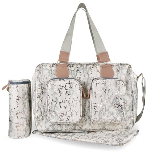 My Babiie Changing Bag Tote - With Insulated Bottle Holder, Portable Changing Mat, Baby Travel Bag, Nappy Messenger Bag, 2 Front Pockets - Rose Gold Marble