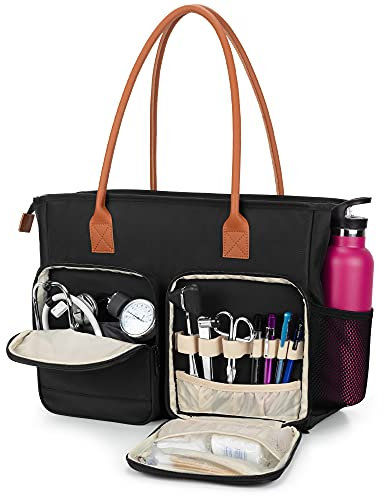 CURMIO Nurse Tote Bag, Portable Medical Bag with Shoulder Strap and Padded Laptop Sleeve for Nursing Work, Home Visits, Health Service, Black (Bag Only)