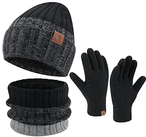 ZASFOU Herren Winter Beanie Mütze Schal Touchscreen Handschuhe Set Warme Wintermütze Strickmütze Loop Schal Schlauchschal Winterhandschuhe Weihnachten Geschenk für Männer