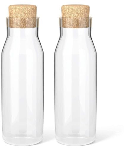 HEFTMAN 2er Set Glaskaraffe 1 Liter - Klarglasflasche für Heiße und Kalte Getränke, Wasser Karaffe Gläser mit Korkdeckel, Nachfüllbare Weichspülerdosen mit Stopfen - 2 Stk