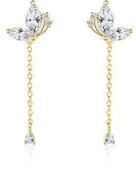 SLUYNZ 925 Sterlingsilber CZ Schmetterling Ohrhänger Tröpfchen kette für Frauen Damen Hübsche Schmetterling Quasten Ohrringe (B-Gold)