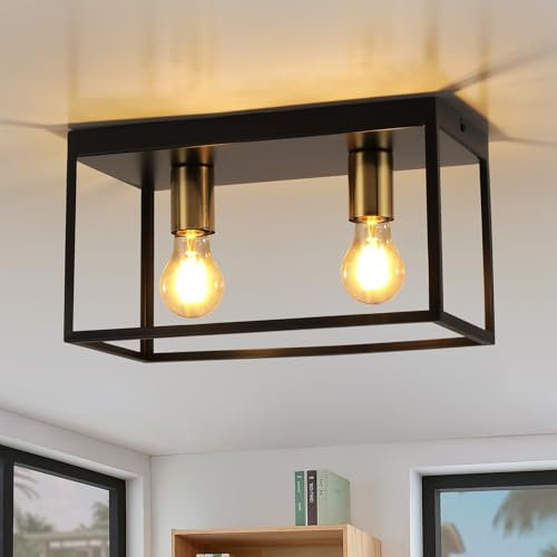 FORCOSO Deckenlampe Schwarz, 2-flammig Deckenleuchte Industrial, Modern Deckenlampe E27 mit Käfig, LED Deckenlampe Metall für Wohnzimmer Schlafzimmer Küche Flur Treppenhaus max. 60W - Ohne Glühbirne