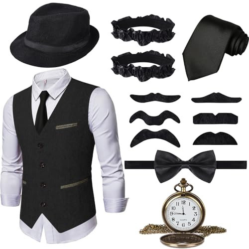 Ulikey 20er Jahre Herren Accessoires, 1920er Mafia Kostüm Herren Set, 1920er Herren Kostüm Zubehör mit Westen & Verschiedenen Accessoires für Halloween, Karneval Kostüm (Schwarz, XL)
