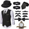 Ulikey 20er Jahre Herren Accessoires, 1920er Mafia Kostüm Herren Set, 1920er Herren Kostüm Zubehör mit Westen & Verschiedenen Accessoires für Halloween, Karneval Kostüm (Schwarz, XL)