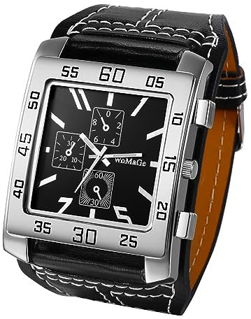 JewelryWe Uhren Herren Leder Quadrat - Retro Punk Analog Quarz Armbanduhr Männer Große Uhr mit Schwarzem Rechteckigen Zifferblatt und Breit Leder Armband
