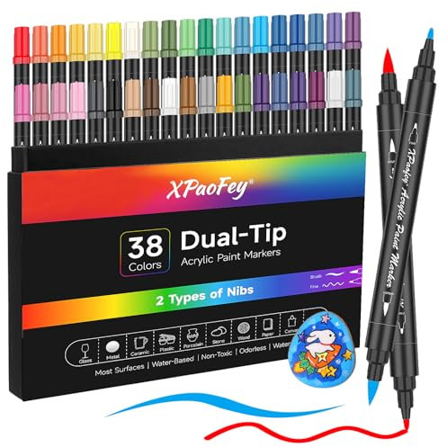 VividHues Dual Tip Acrylic Paint Pens, 38 Colours Acrylic Markers Pens ,Permanent Paint Markers Set with Fine & Brush Tip for Rock Painting, Glass, Ceramics, Wood, Plastic, Card Making, DIY Crafts