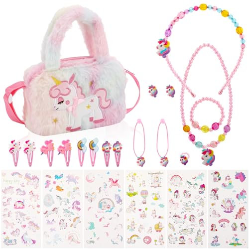 Newofview Einhorn Handtasche Schmuckset Für Mädchen,Inhörnern Kinderschmuck Halskette, Handtasche, Mädchen Armband, Ring, Haarspange, Einhorn Kleines Mädchen Rollenspiel Geburtstagsgeschenk