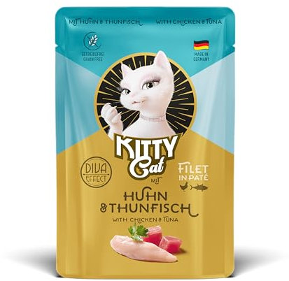 KITTY Cat Filet in Paté Huhn & Thunfisch, 6 x 85 g, Gourmet Nassfutter für Katzen, feinstes Katzenfutter mit Taurin, Lachsöl und Grünlippmuschel, getreidefrei mit extra viel Fleisch, Made in Germany