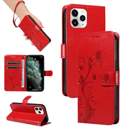SRISHP Cover per iPhone 11 Pro Max Custodia, Rosso | Magnetica Cover a Libro, Portafoglio con Slot per Schede, Custodia in PU Pelle, Supporto Stand Cover