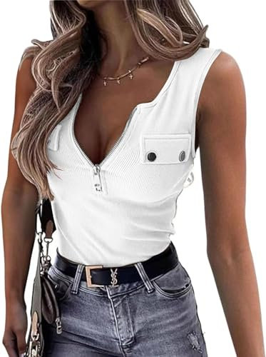 ELFIN Damen Ärmellos Tank Top Gerippt Sommer Sexy Oberteile Reißverschluss Stretch Weste Slim Fit Basic Shirt Ribbed Tops (M, Weiß)