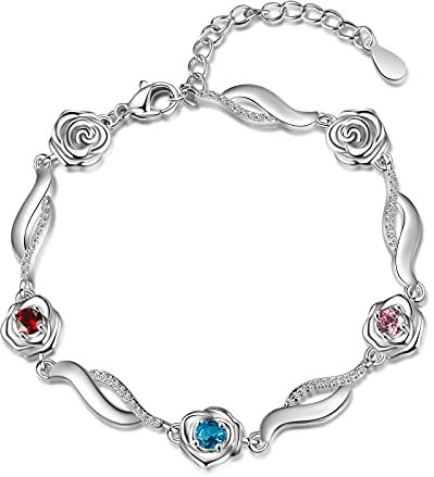 Glimmerday Personalisierte Schmuckarmbänder mit Namensgravur, Armband im Rosendesign für Mama Muttertagsgeschenk, Family Birthstone Armbänder für Oma (1-5 Namen)