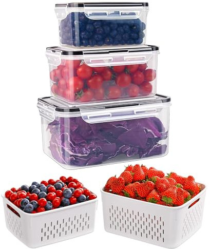 Bigingjia Fresh Food Storage Containers,3Pack Fridge Storage Containers With Removable Colander,Produce&Fruit Containers for Fridge, Keep Berry Fruit Vegetable Fresh Longer