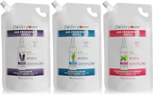 Natural Flower Power Lufterfrischer-Spray-Nachfüllpackung, 400 ml, Nachfüllpackung, 4 x pflanzlicher Geruchsvernichter, Raum-, Wäsche- oder Autospray, tierversuchsfrei (Lavendel, Zitronengras