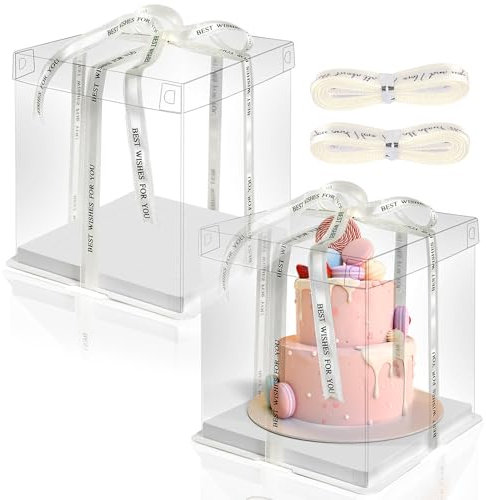 juingio Tortenschachtel Tortenkarton 2 Stück, Cake Boxes 30 * 30 * 25cm, Tortenkarton Transparente, Doppelschicht Kuchenbox mit Sockel und Band für Geburtstag Dessert (Weiß)